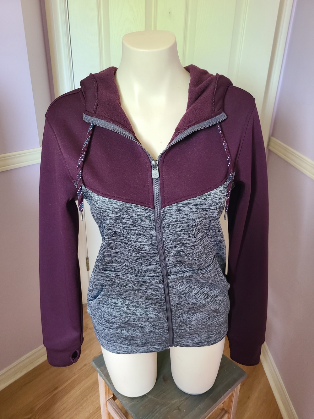 Empyre Women's Two-Tone Full-Zip Hoodie in Plum and Heather Gray